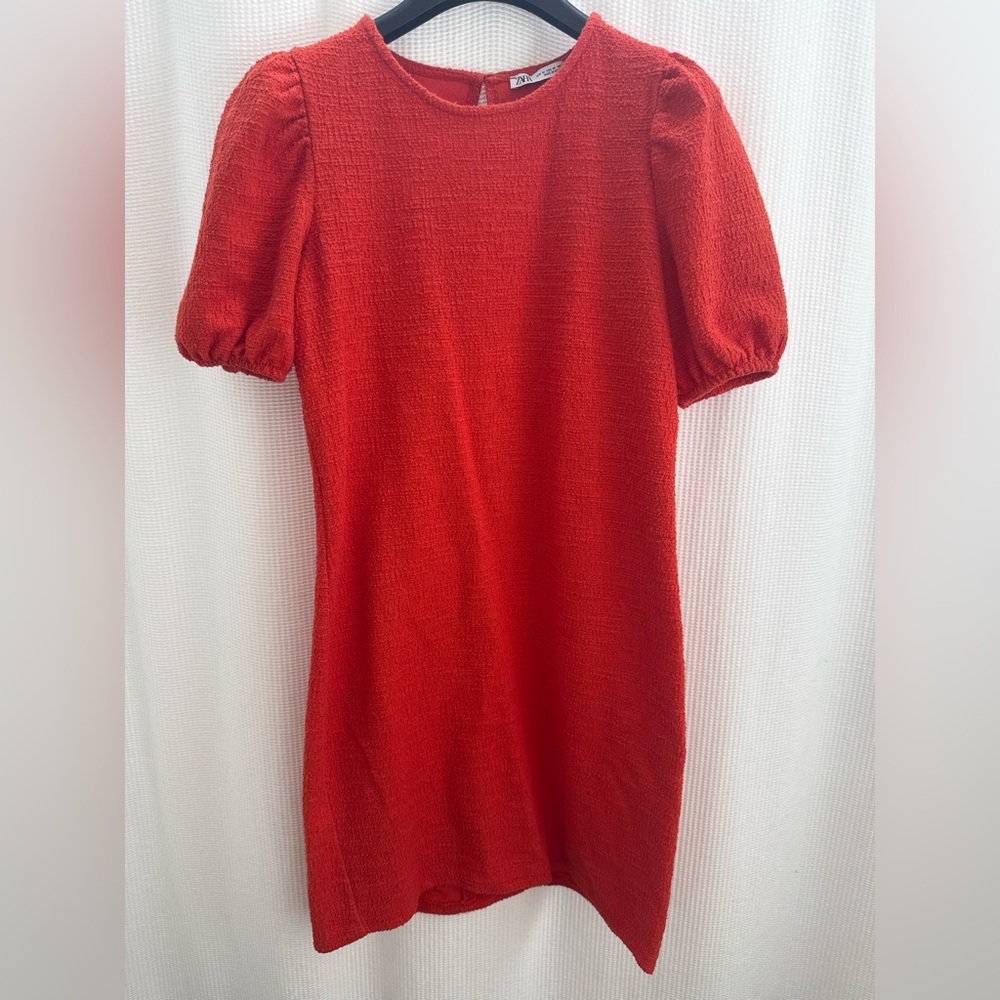 Coral Textured Puff-Sleeve Women’s Dress